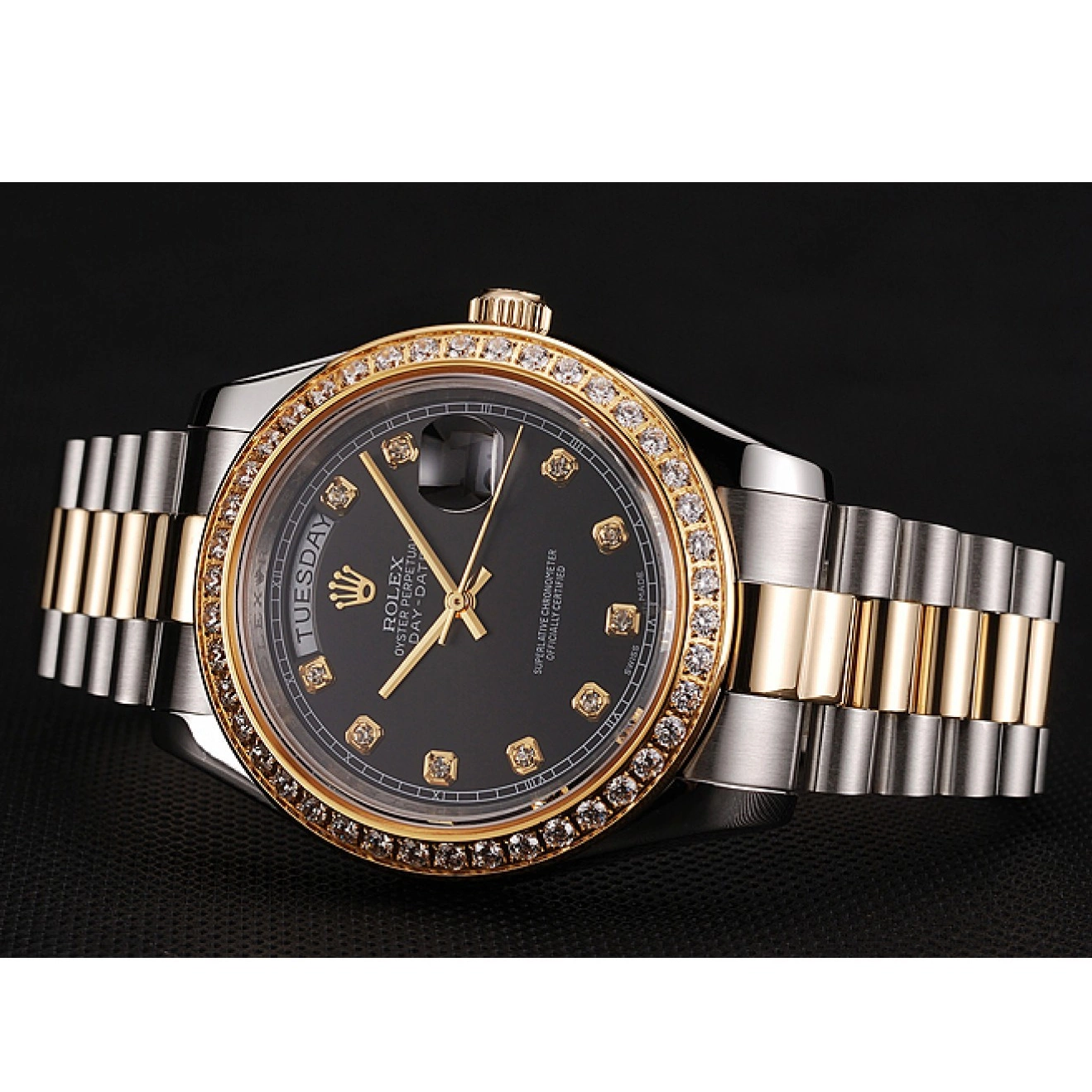 Aaa replica watch Rolex Diamond Gold Tone Dial Two Swiss Stainless Bracelet Black Steel Case Day-Date 1453975 0817
